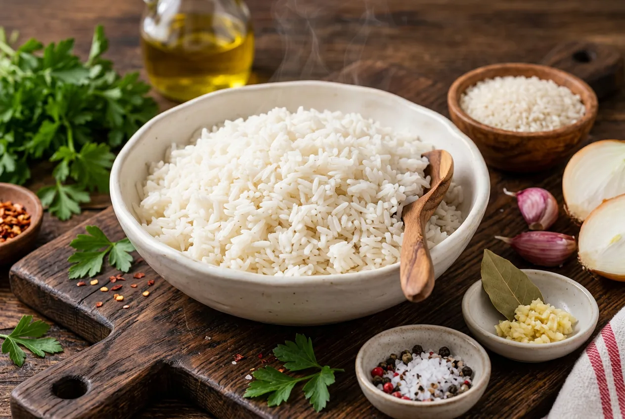 Arroz branco soltinho em tigela de cerâmica com colher de pau, ao lado de arroz cru, alho, cebola, louro e sal sobre tábua de madeira