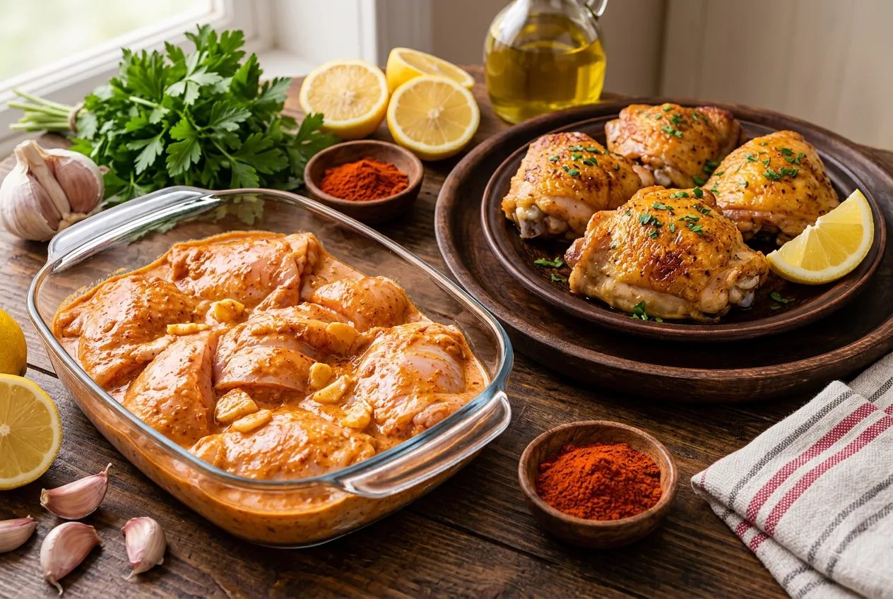 Pedaços de frango em marinada de iogurte, alho e páprica defumada em um recipiente de vidro, ao lado de frango assado dourado