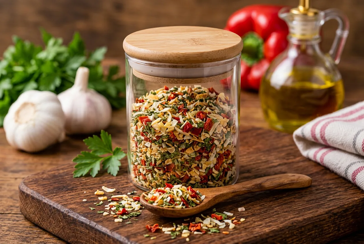 Pote de vidro com mistura de temperos secos em flocos coloridos — cebola, alho, salsa, pimentão e tomate — ao lado de uma colher de pau com o tempero