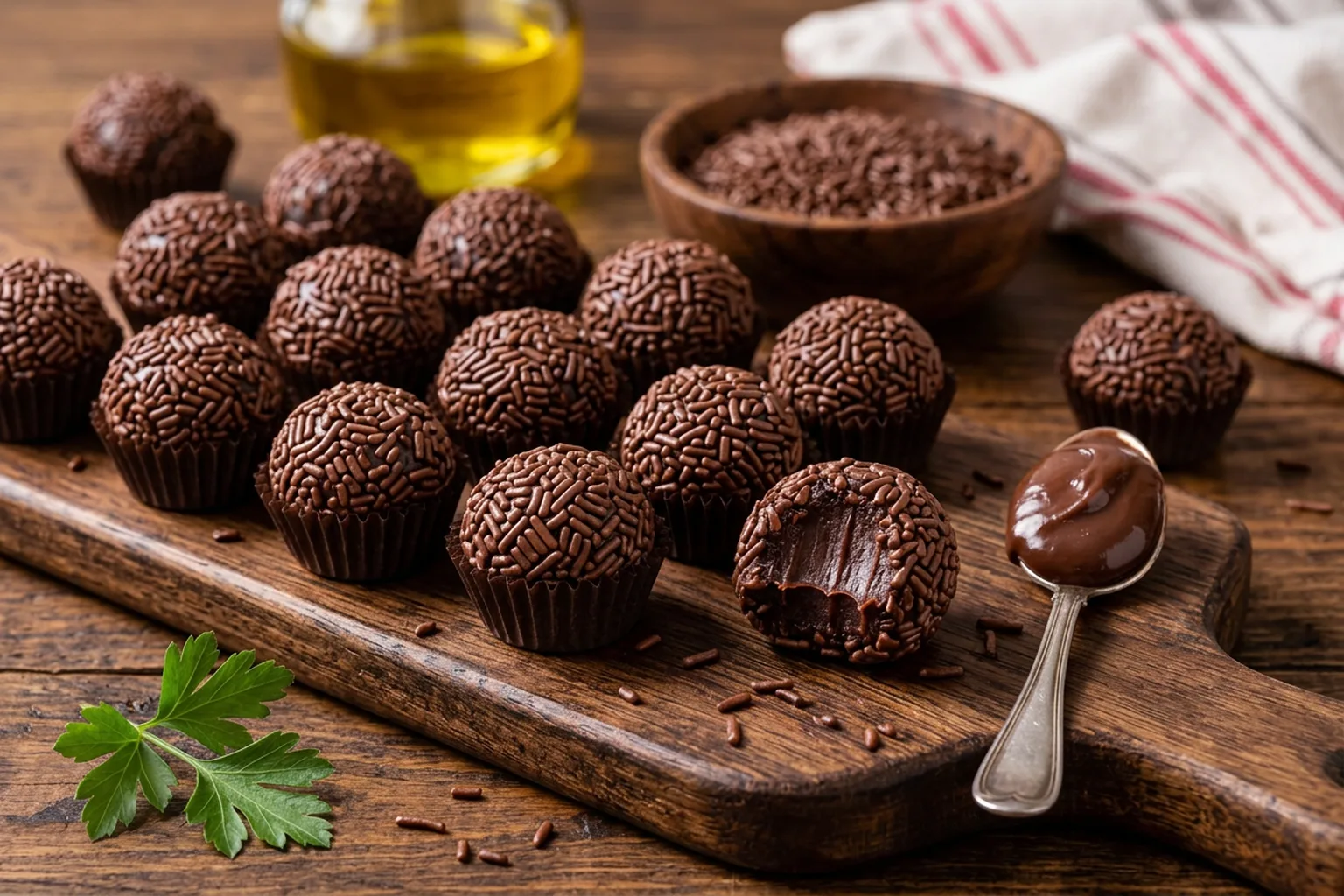 Brigadeiros enrolados em chocolate granulado sobre tábua de madeira rústica escura, com salsinha fresca e pano de prato listrado vermelho e branco ao lado