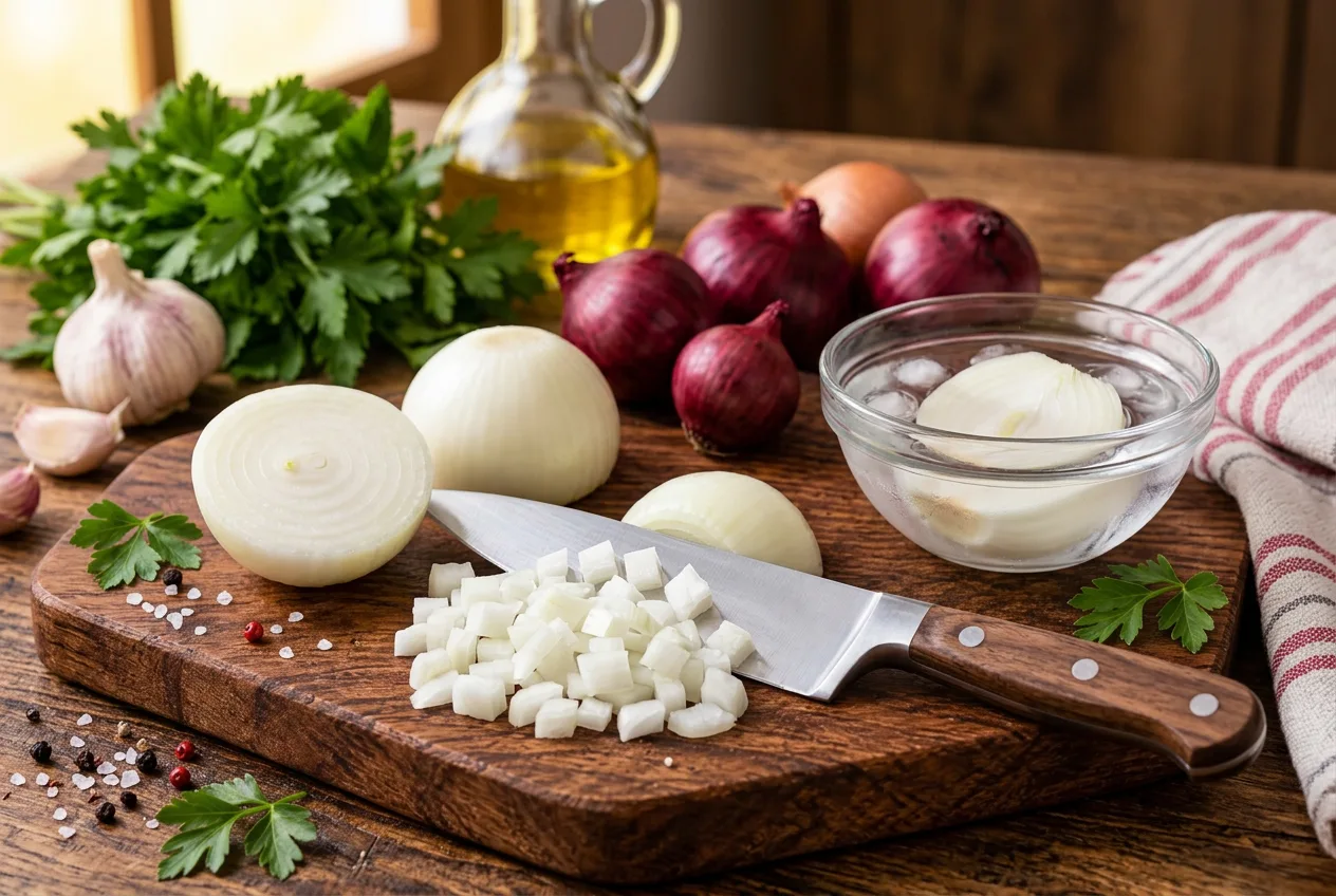 Cebola cortada em cubos com faca de chef sobre tábua de madeira, ao lado de cebolas inteiras e meia cebola numa tigela com água gelada