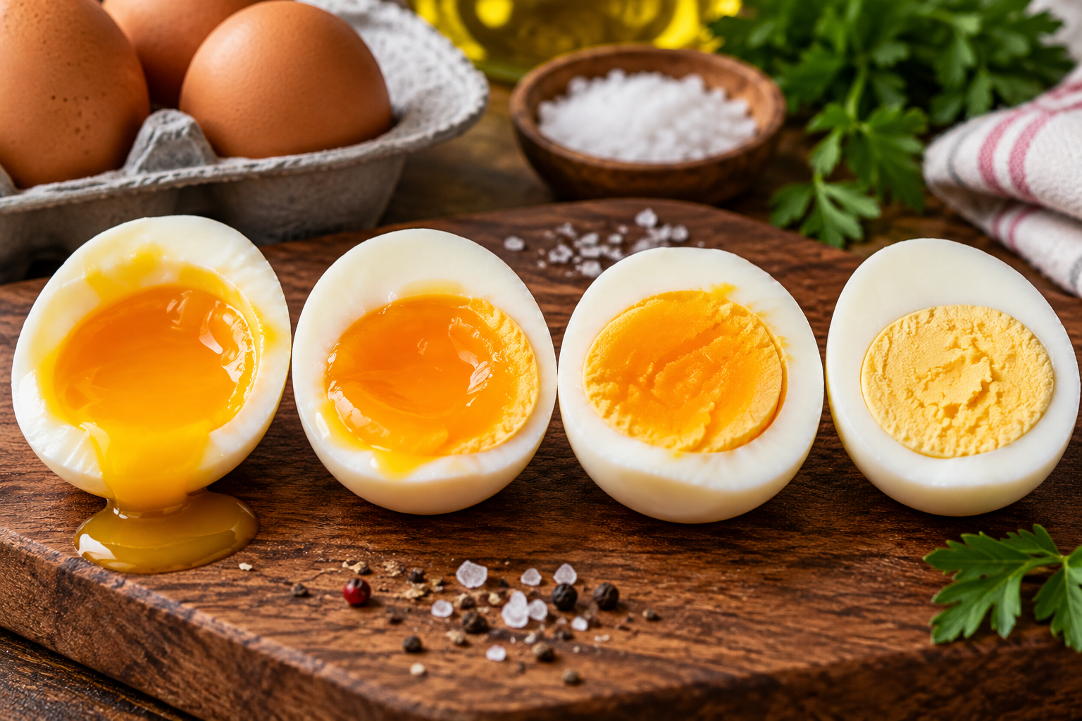 Ovos cozidos cortados ao meio com gemas moles, cremosas e duras sobre uma tábua de madeira.