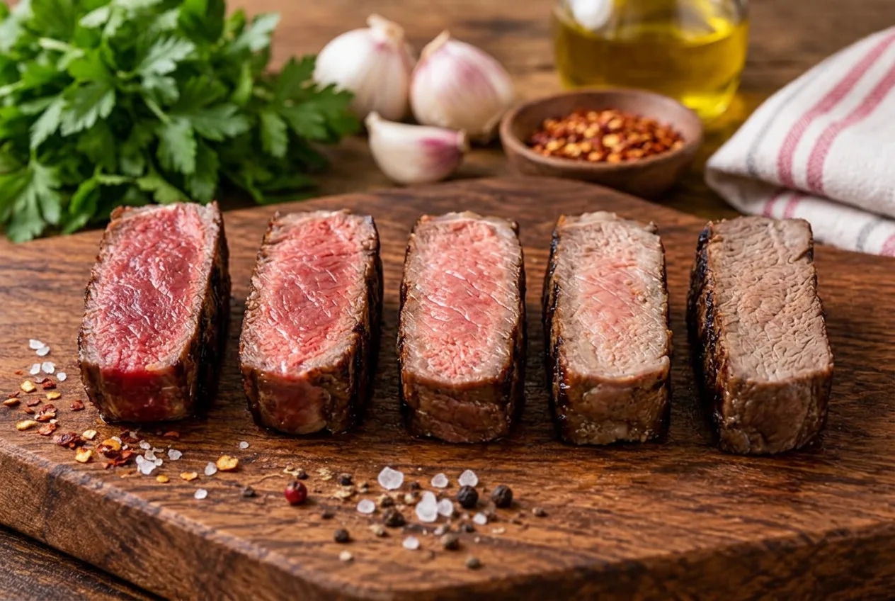 Cinco fatias de bife lado a lado mostrando o miolo vermelho, rosado e cinza, do mal passado ao bem passado