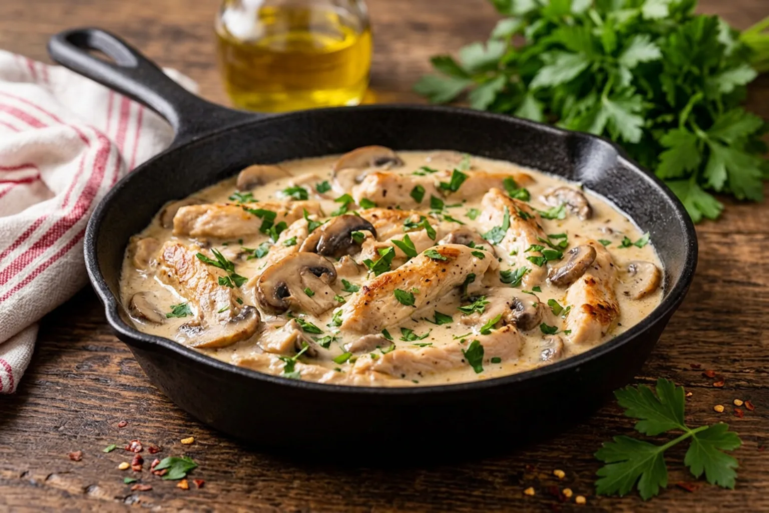 Panela com strogonoff de frango cremoso e cogumelos sobre madeira rústica escura, com salsinha fresca e pano de prato listrado vermelho e branco